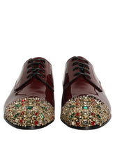 Dolce & Gabbana maroon leather Derby shoes with crystal embellishments, front view of formal men's footwear.