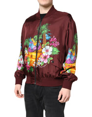 Dolce & Gabbana Maroon Floral Print Full Zip Bomber Jacket - Bomber Jackets