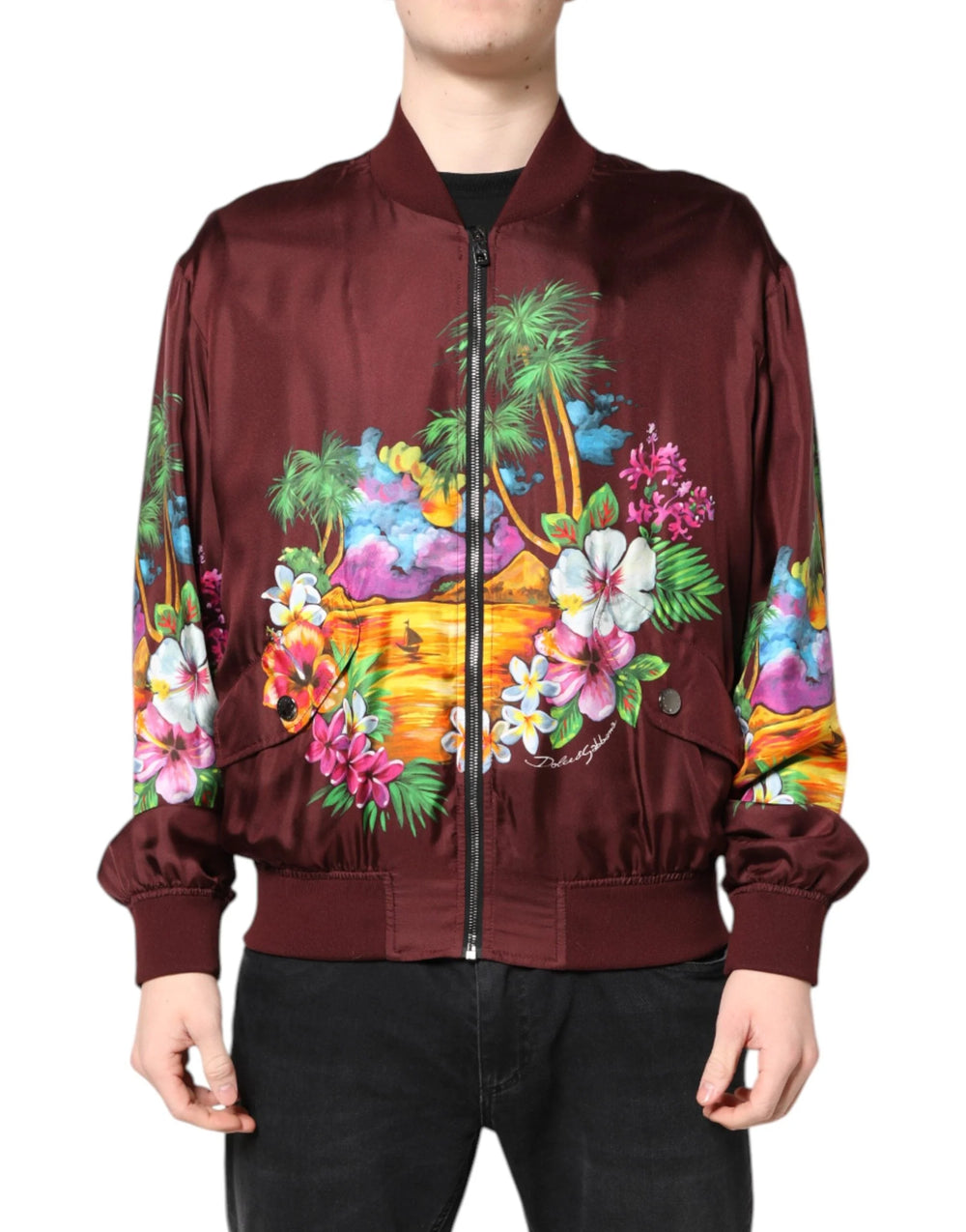 Dolce & Gabbana Maroon Floral Print Full Zip Bomber Jacket - Bomber Jackets