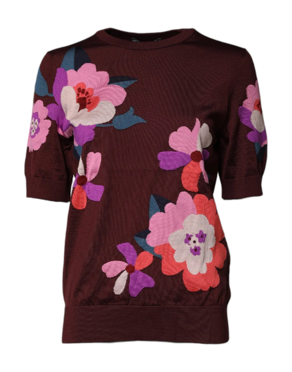 Dolce & Gabbana Maroon Floral Silk Crew Neck Blouse Top - IT44 | L - Blouses
