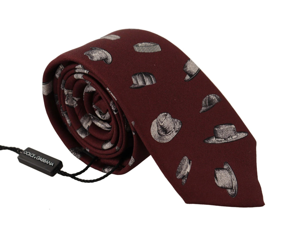Dolce & Gabbana Maroon Hat Pattern 100% Silk Adjustable Accessory Tie - Neckties