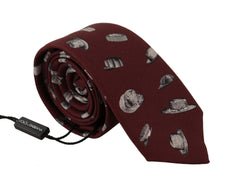 Dolce & Gabbana Maroon Hat Pattern 100% Silk Adjustable Accessory Tie - Neckties