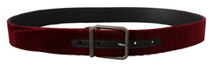 Dolce & Gabbana Maroon Velvet Leather Wide Vintage Metal Buckle Belt - 90 cm / 36 Inches - Belts