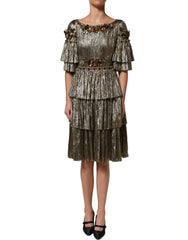 Dolce & Gabbana Metallic Gold Embellished Tiered Midi Dress - IT38 | XS