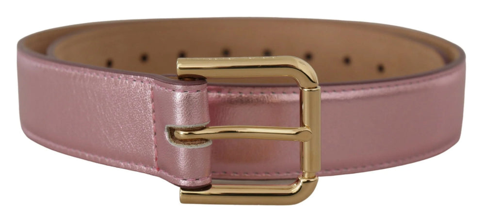Dolce & Gabbana Metallic Pink Polished Leather Logo Metal Buckle Belt - 70 cm / 28 Inches - Belts