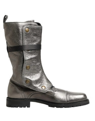Dolce & Gabbana Metallic Silver Combat Biker Mid Calf Boots Shoes - EU44/US11