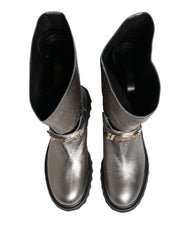 Dolce & Gabbana Metallic Silver Leather Mid Calf Boots Shoes - EU44/US11 - Skor