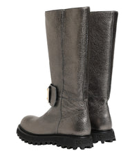Dolce & Gabbana Metallic Silver Leather Mid Calf Boots Shoes - EU44/US11 - Skor