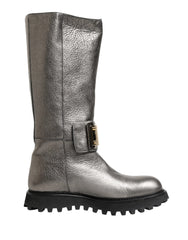 Dolce & Gabbana Metallic Silver Leather Mid Calf Boots Shoes - EU44/US11