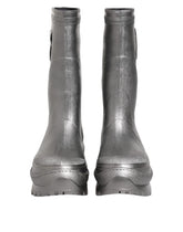 Dolce & Gabbana men's metallic silver rubber rain boots featuring a pull-on design and chunky lug sole.