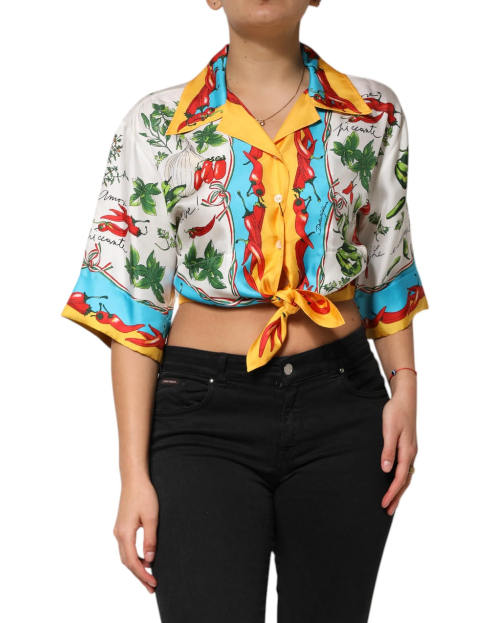 Dolce & Gabbana Multicolor Chili Silk Cropped Blouse Top - Blouses