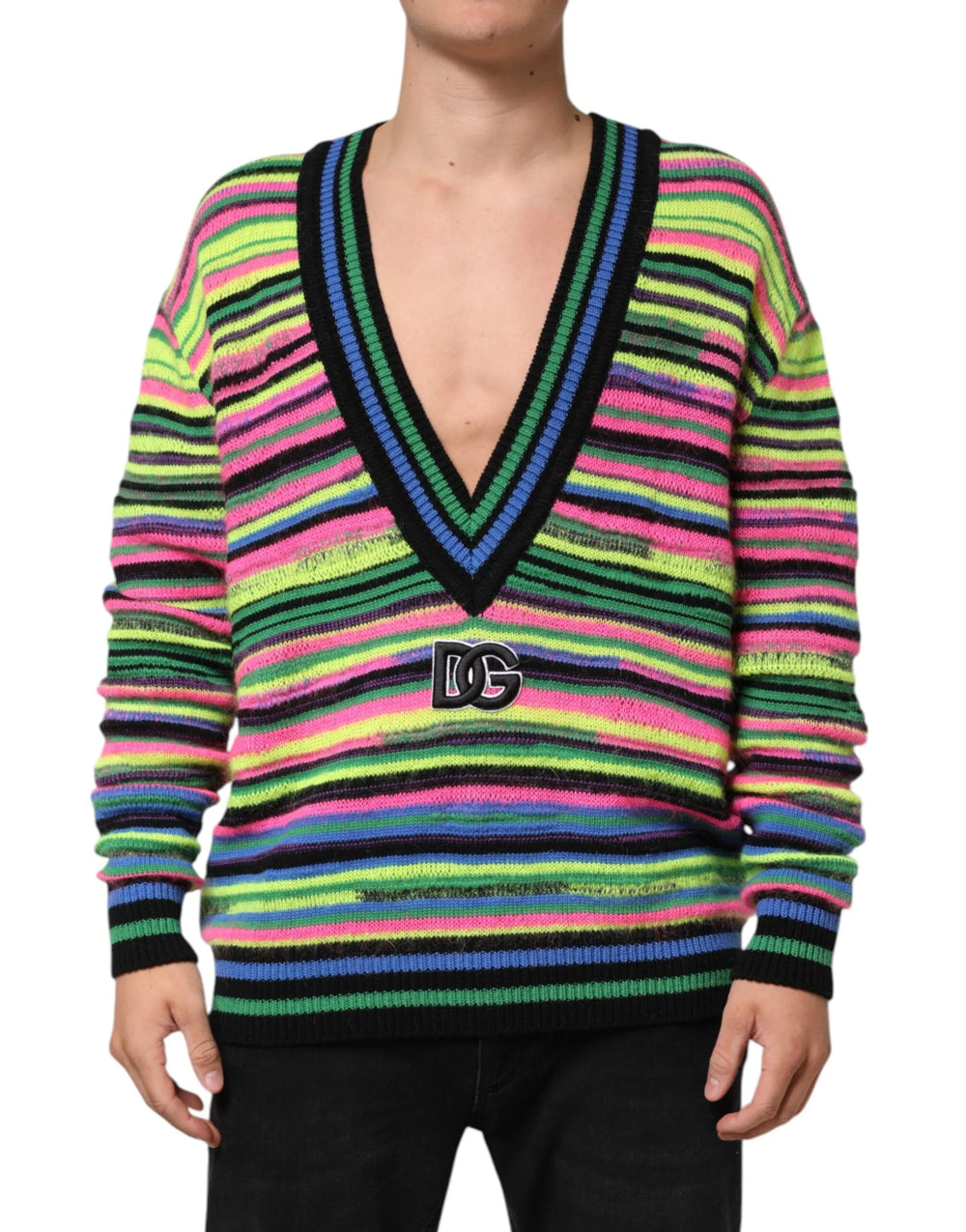 Dolce & Gabbana Multicolor DG Logo V-Neck Knit Pullover Sweater - M - Sweaters