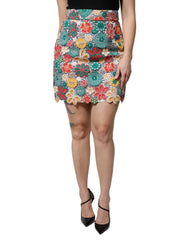 Dolce & Gabbana Multicolor Floral Lace High Waist Mini Skirt - Skirts