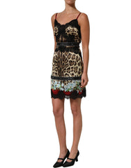 Dolce & Gabbana Multicolor Floral Leopard Silk Lace Trim Mini Dress - IT38 | XS