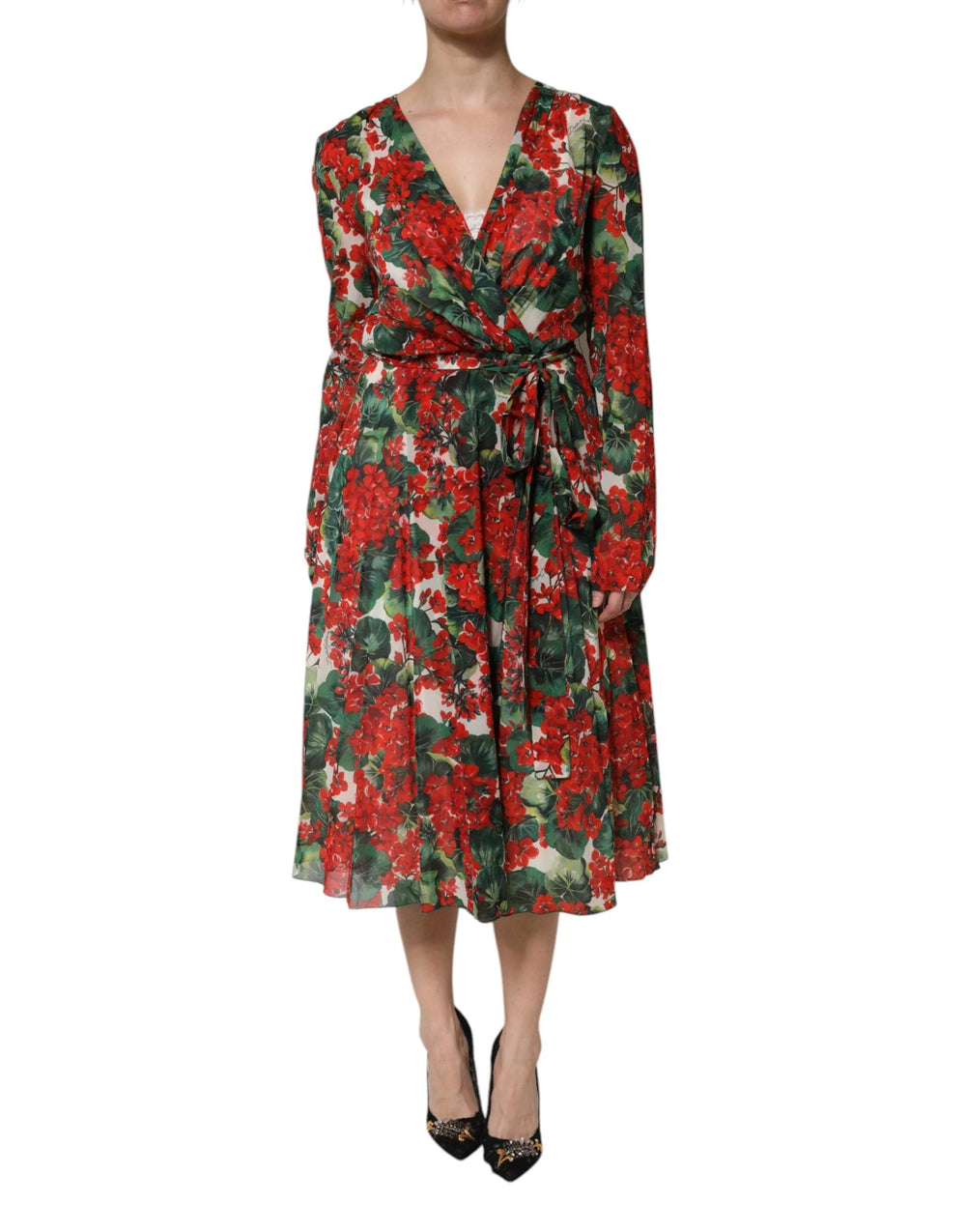 Dolce & Gabbana Multicolor Floral Long Sleeves V-neck Dress - IT46|XL - Dresses