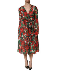Dolce & Gabbana Multicolor Floral Long Sleeves V-neck Dress - IT46|XL - Dresses