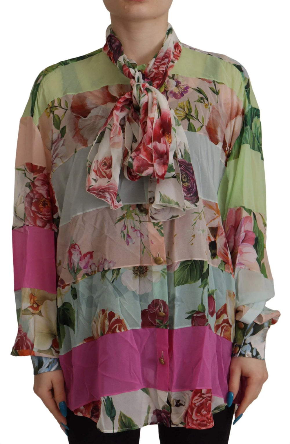 Dolce & Gabbana Multicolor Floral Patchwork Design Ascot Collar Top Blouse - IT42|M - Blouses