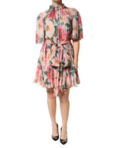 Dolce & Gabbana Multicolor Floral Silk Chiffon Pleated Mini Dress - IT46|XL