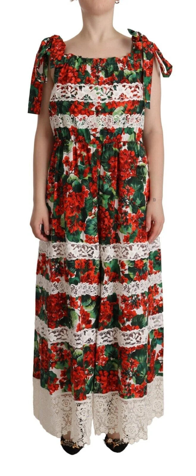 Dolce & Gabbana Multicolor Geranium Print Lace Long Maxi Dress - IT44|L - Dresses