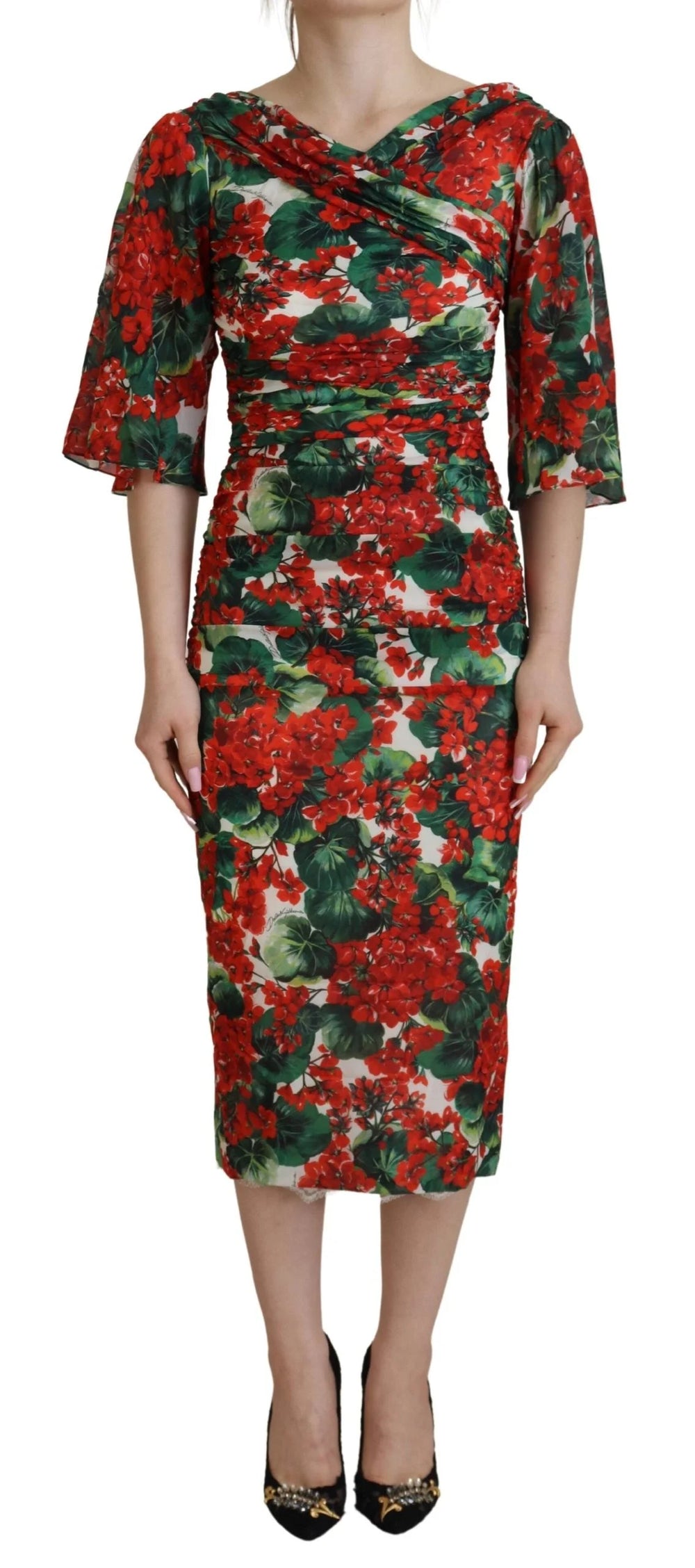 Dolce & Gabbana Multicolor Geranium Silk Sheath Midi Dress - IT38 | XS - Dresses