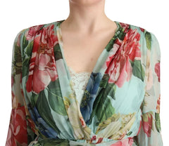 Dolce & Gabbana Multicolor Green Floral Silk Wrap Midi Dress - Dresses