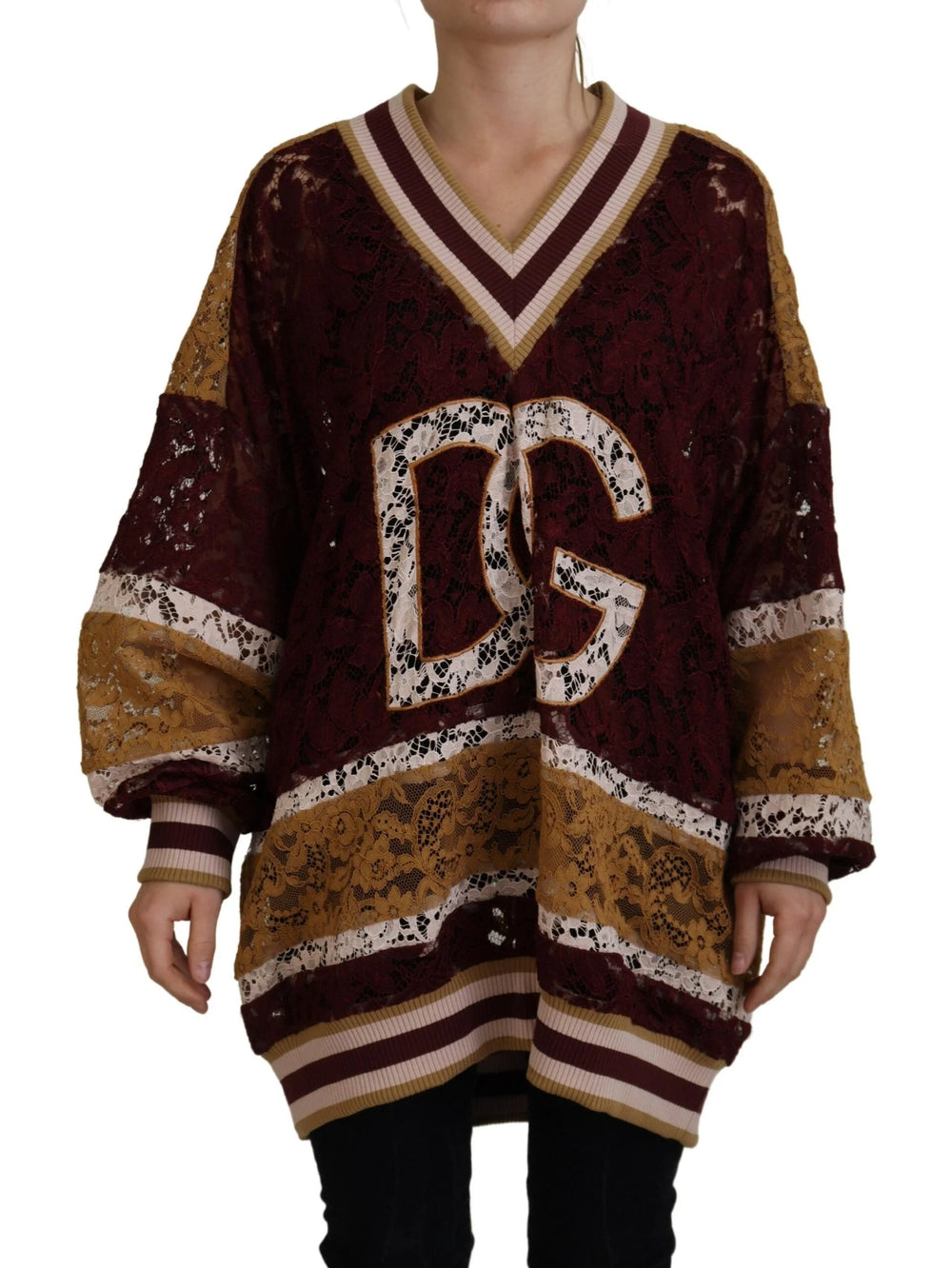 Dolce & Gabbana Multicolor Lace V-neck Pullover Sweater - IT40|S - Sweaters