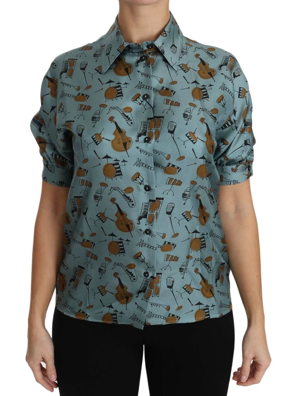 Dolce & Gabbana Multicolor Musical Instruments Silk Short sleeve Shirt - IT36|XXS - Blouses