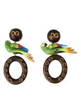Dolce & Gabbana Multicolor Parrot Wood Brass Crystal Embellished Earrings - Earrings