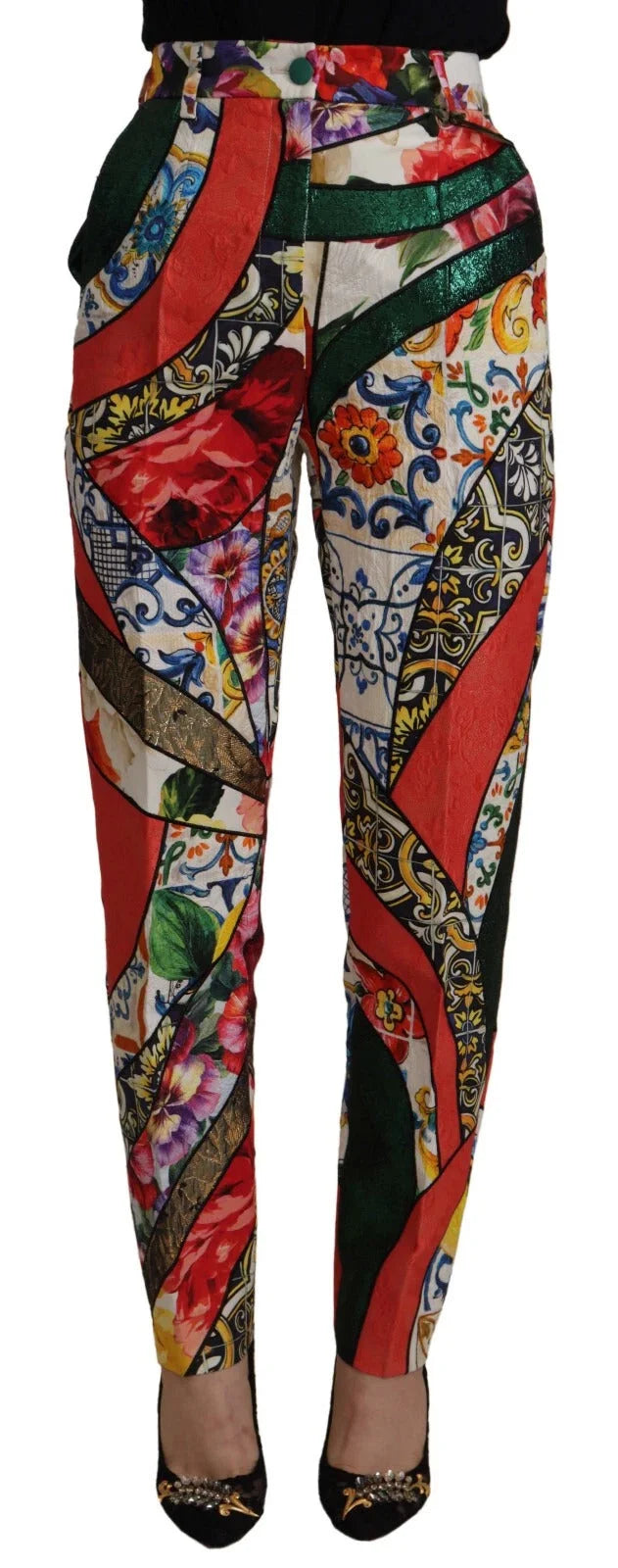 Dolce & Gabbana Multicolor Patchwork Jacquard High Waist Pants - Trousers