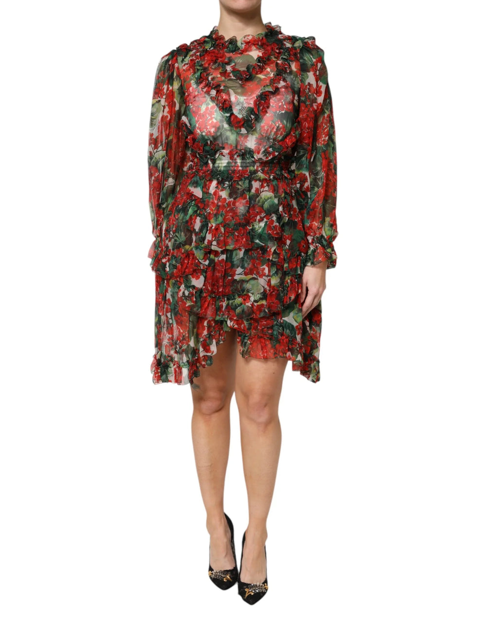 Dolce & Gabbana Multicolor Ruffle Floral Long Sleeves Dress - Dresses