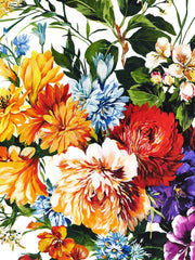 Close-up of the Dolce & Gabbana silk foulard highlighting the fine textile weave and rich multicolor artisanal design.