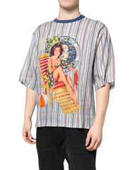 Dolce & Gabbana Multicolor Striped Pin Up Linen Round Neck T-shirt - T-Shirts