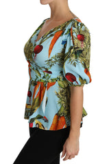 Dolce & Gabbana Multicolor Vegetable Print Silk Top Peplum Wrap Blouse - IT36 | XS - Blouses