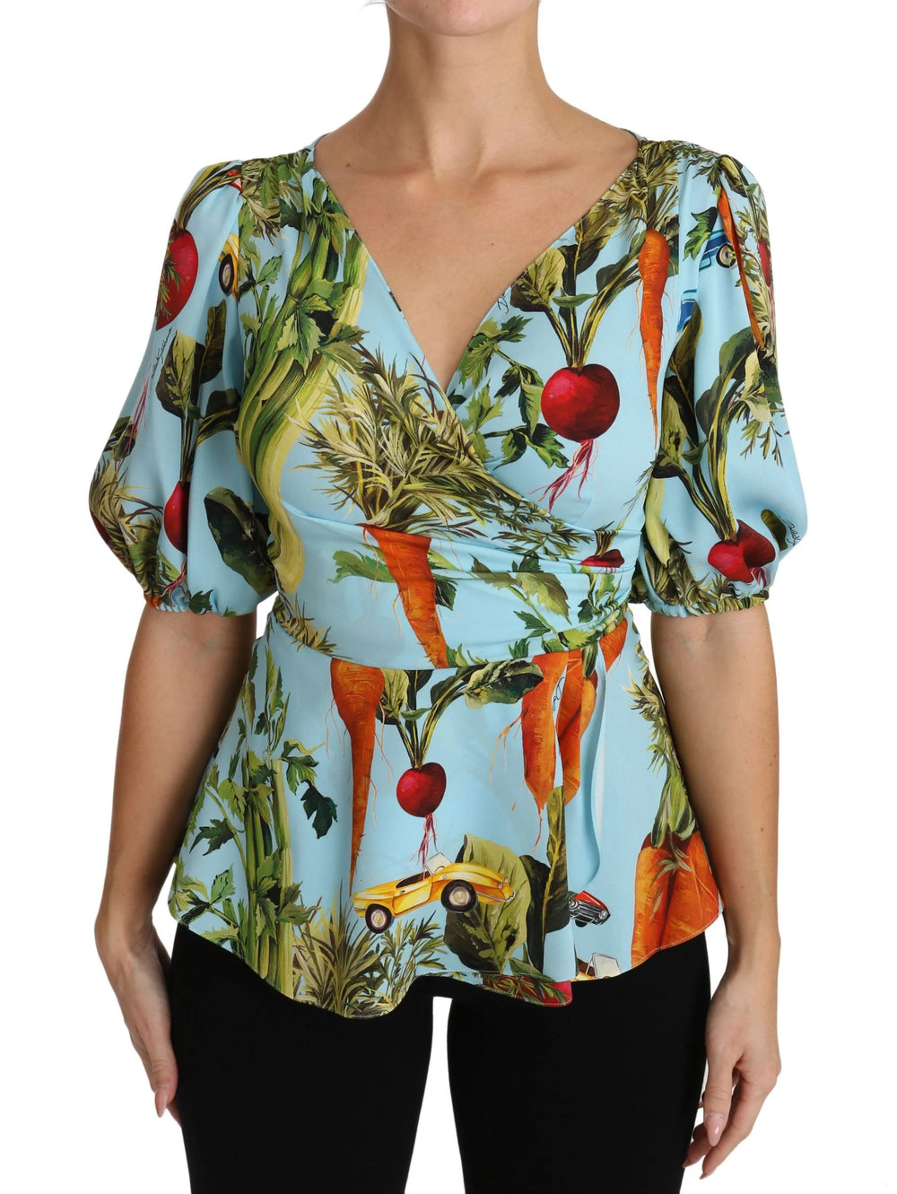 Dolce & Gabbana Multicolor Vegetable Print Silk Top Peplum Wrap Blouse - IT36 | XS - Blouses
