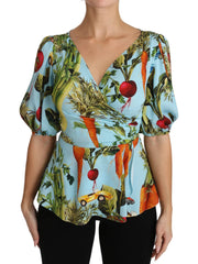Dolce & Gabbana Multicolor Vegetable Print Silk Top Peplum Wrap Blouse - IT36 | XS - Blouses