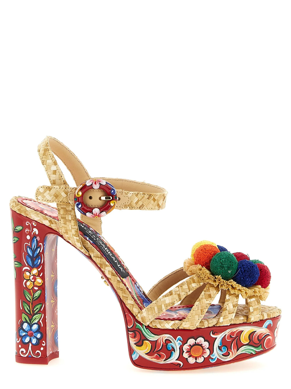 Dolce & Gabbana farebné sandále na ihle z viskózy s živou abstraktnou vzorom a tenkými remienkami okolo členku.