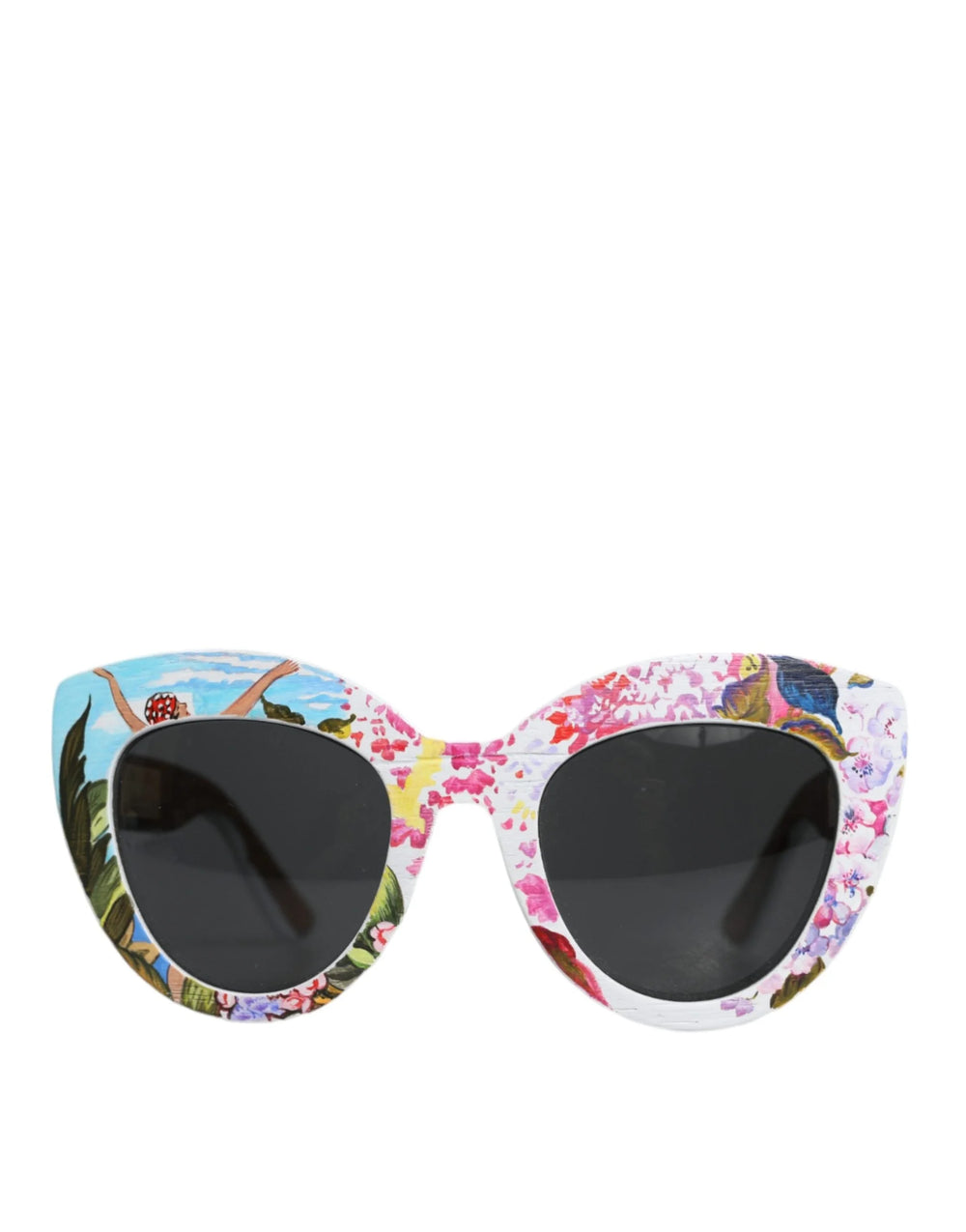 Dolce & Gabbana Multicolor Wood Crystal Brass Frame Floral Hand Paint Sunglasses - Sunglasses