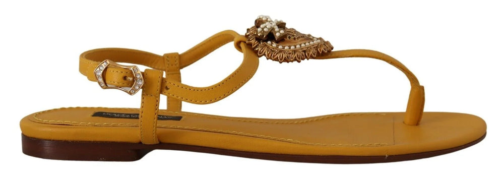 Dolce & Gabbana Mustard Leather Devotion Flats Sandals Shoes - EU35/US4.5 - Sandals