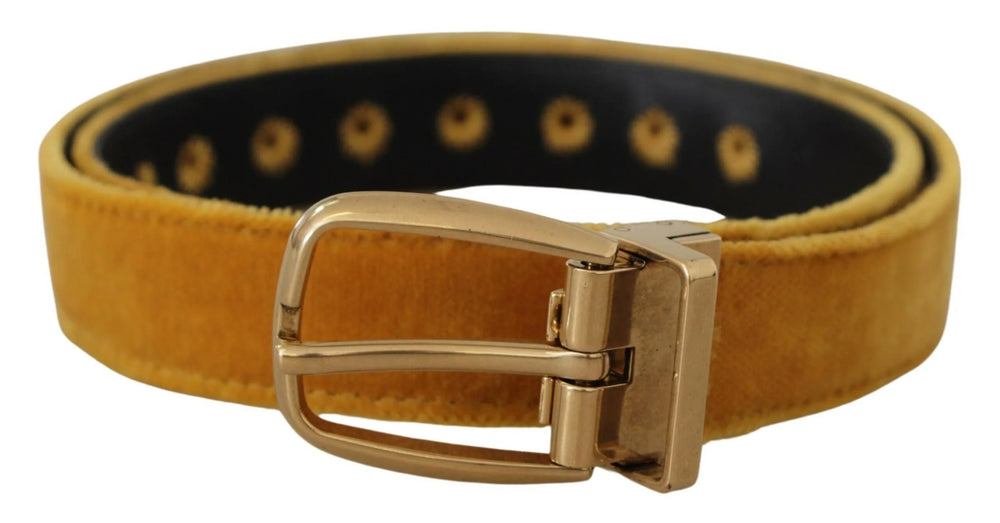 Dolce & Gabbana Mustard Velvet Gold Logo Engraved Metal Buckle Belt - 65 cm / 26 Inches - Belts