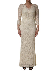Dolce & Gabbana Off White Floral Lace Sheath Maxi Dress