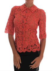 Dolce & Gabbana Orange Crystal Buttons Floral Lace Blouse - IT36|XXS - Blouses