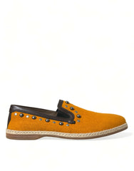 Dolce & Gabbana Orange Linen Leather Studded Loafers Shoes - Flats