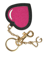 Dolce & Gabbana Pink Black Heart Leather Gold Tone Brass Keyring Keychain - Keychains