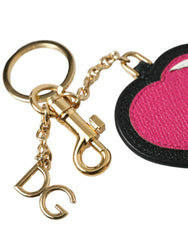 Dolce & Gabbana Pink Black Heart Leather Gold Tone Brass Keyring Keychain - Keychains