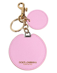 Dolce & Gabbana Pink Calf Leather Gold Metal Logo Print Keyring Keychain - Keychains