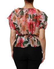 Dolce & Gabbana Pink Camellias Printed Silk V-neck Blouse Top - Blouses