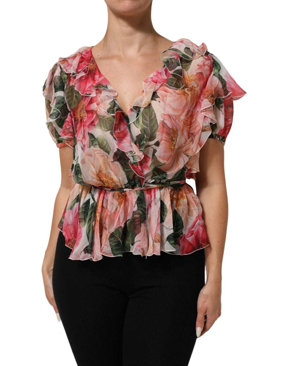 Dolce & Gabbana Pink Camellias Printed Silk V-neck Blouse Top - Blouses