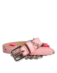 Side profile of the AmeOro curated Dolce & Gabbana belt in pink calfskin leather with dimensional resin rose details.