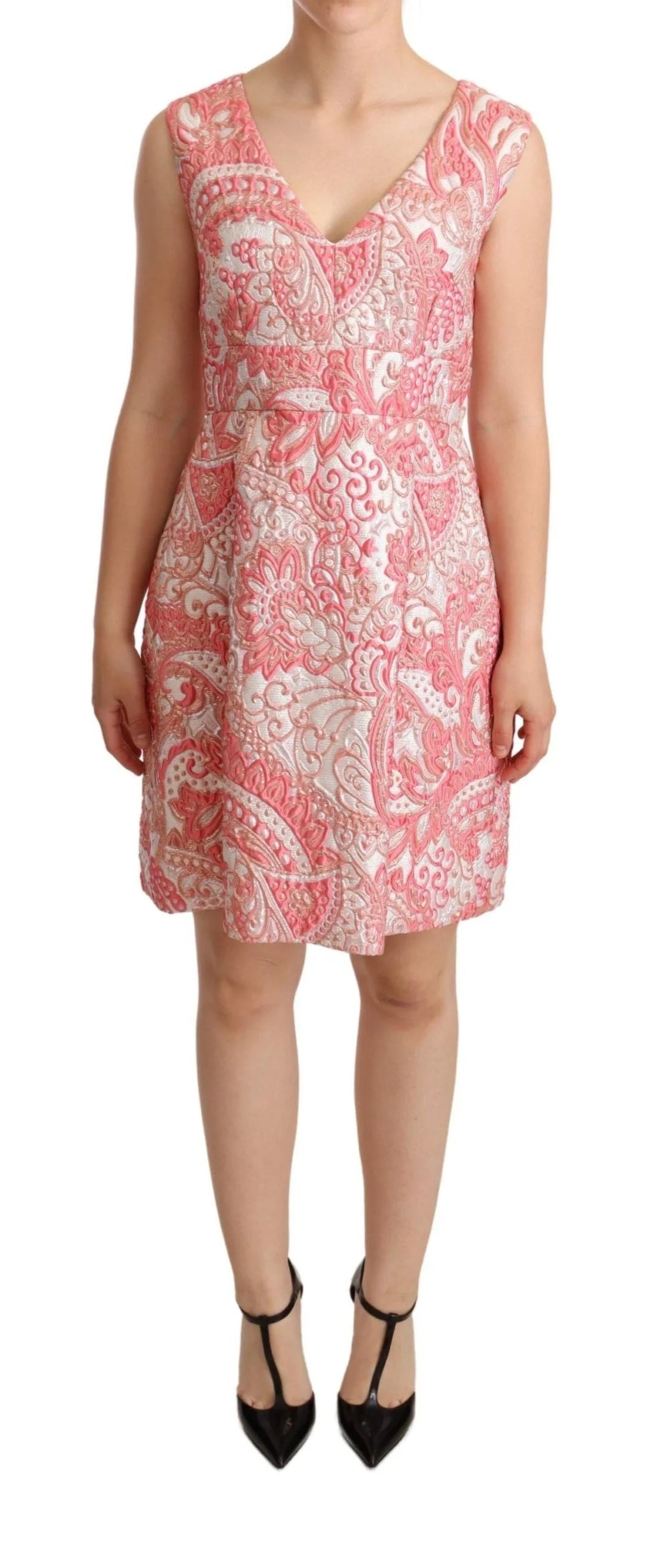 Dolce & Gabbana Pink Floral Jacquard Pleated Sheath Dress - IT40|S / Material: 70% Polyester 9% Silk 9% PC 7% ME 5%