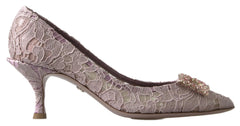 Dolce & Gabbana Pink Floral Lace DG Crystal Pumps Shoes - Heels